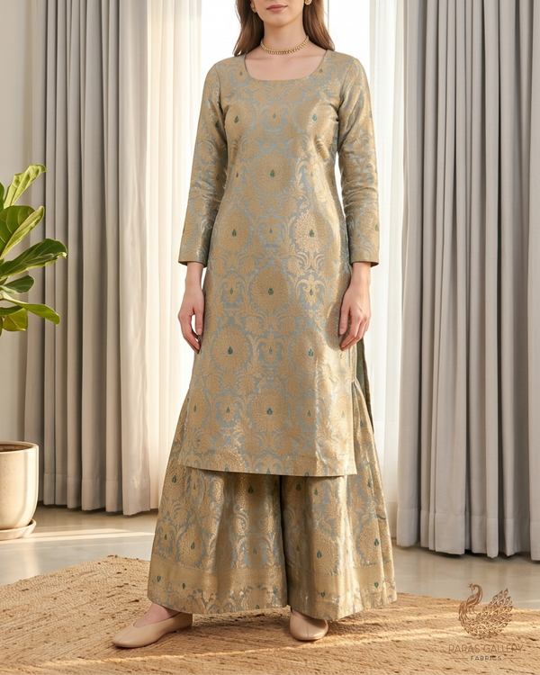 Aqua Grey Banarasi Brocade Fabric With All Over Golden Zari Handloom 22815