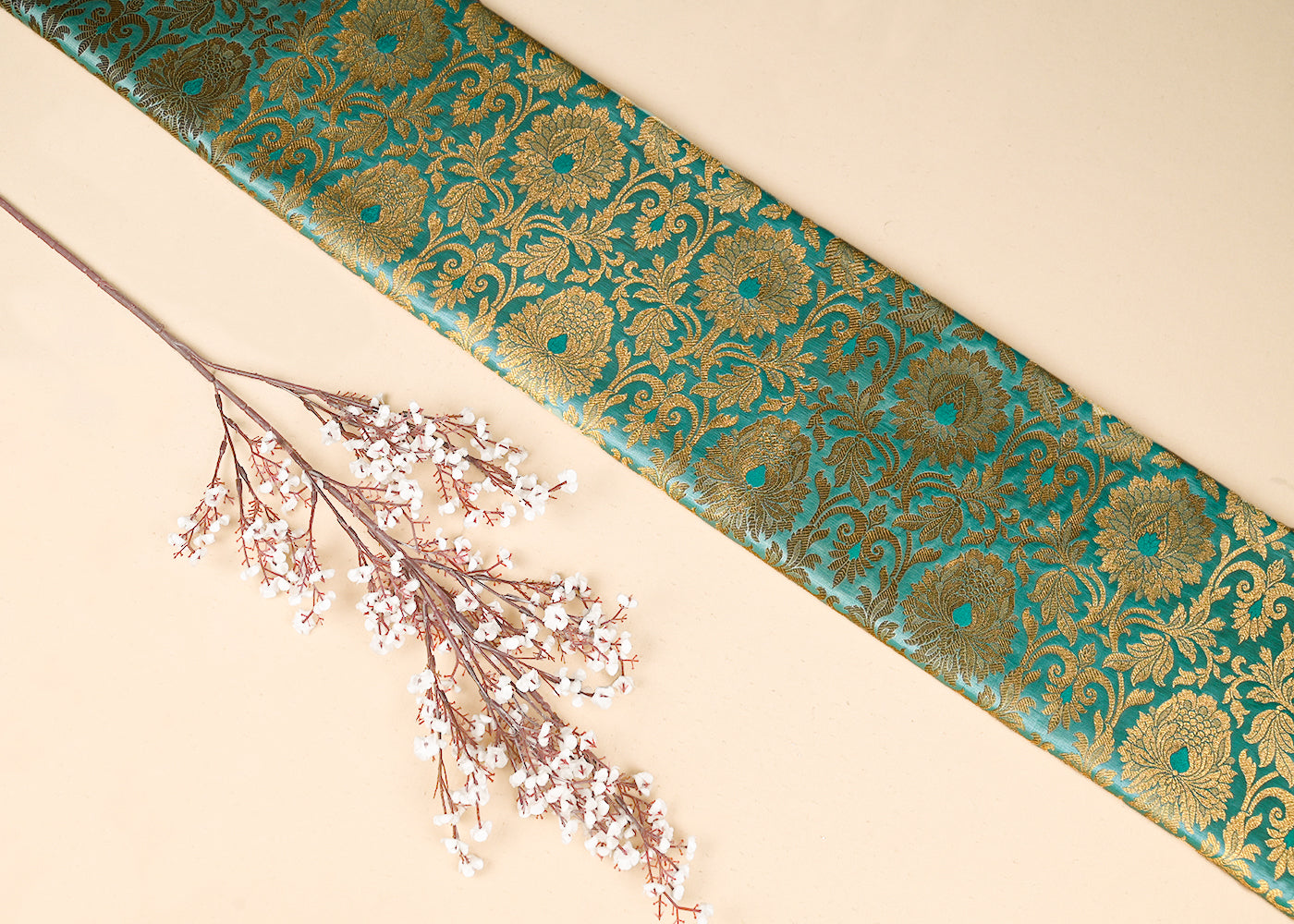 Mint Green Banarasi Brocade Fabric With All Over Golden Zari Handloom 22816