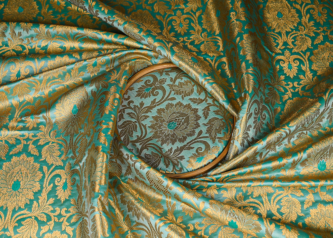Mint Green Banarasi Brocade Fabric With All Over Golden Zari Handloom 22816