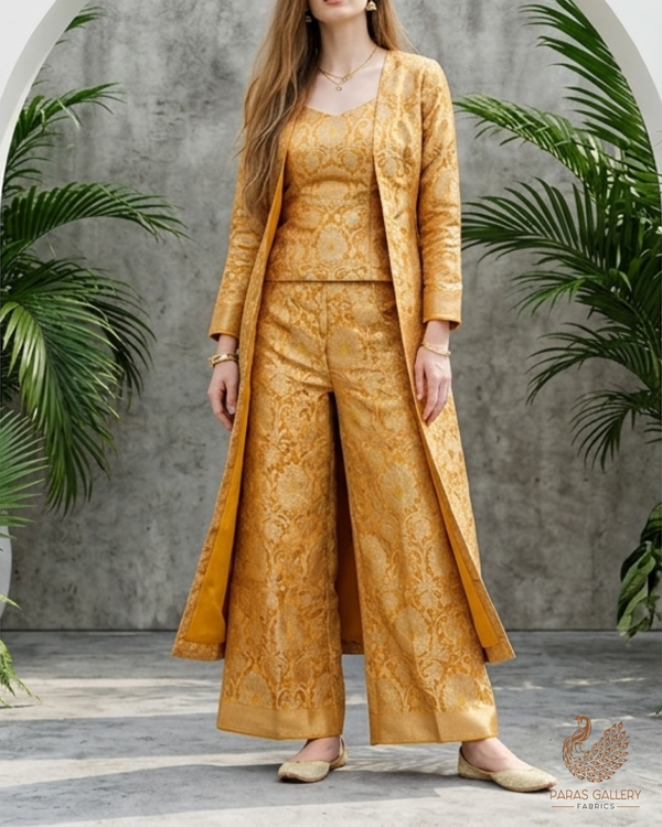 Mustard Banarasi Brocade Fabric With All Over Golden Zari Handloom 22817