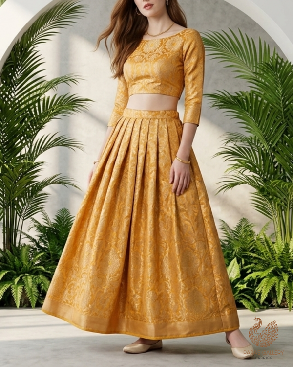 Mustard Banarasi Brocade Fabric With All Over Golden Zari Handloom 22817