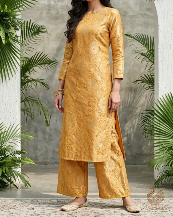 Mustard Banarasi Brocade Fabric With All Over Golden Zari Handloom 22817