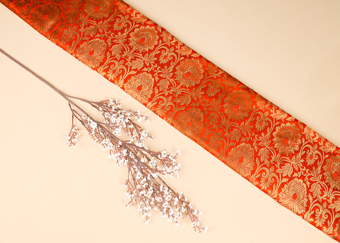 Orange Banarasi Brocade Fabric With All Over Golden Zari Handloom 22818