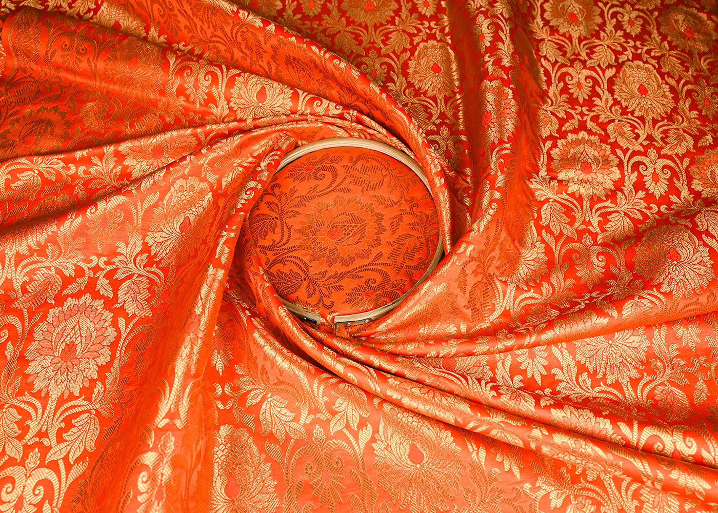 Orange Banarasi Brocade Fabric With All Over Golden Zari Handloom 22818