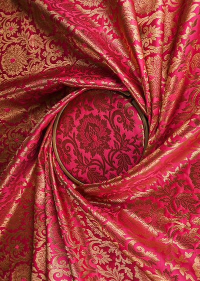 Pink Banarasi Brocade Fabric With All Over Golden Zari Handloom 22820