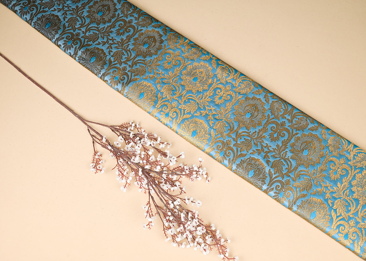 Sea Blue Banarasi Brocade Fabric With All Over Golden Zari Handloom 22822
