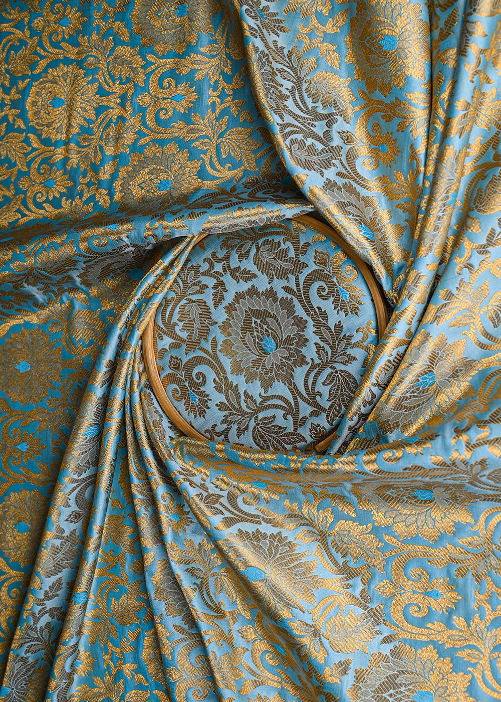 Sea-Blue-Banarasi-Brocade-Fabric-With-All-Over-Golden-Zari-Handloom-22822-close-view