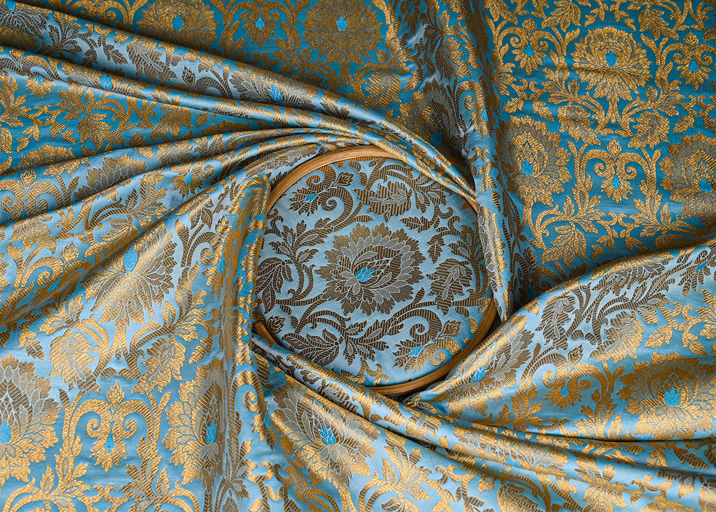 Sea Blue Banarasi Brocade Fabric With All Over Golden Zari Handloom 22822