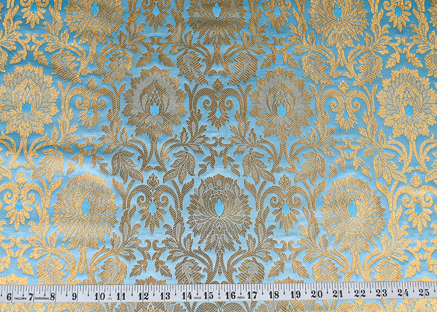 Sea-Blue-Banarasi-Brocade-Fabric-With-All-Over-Golden-Zari-Handloom-22822-measurement-view