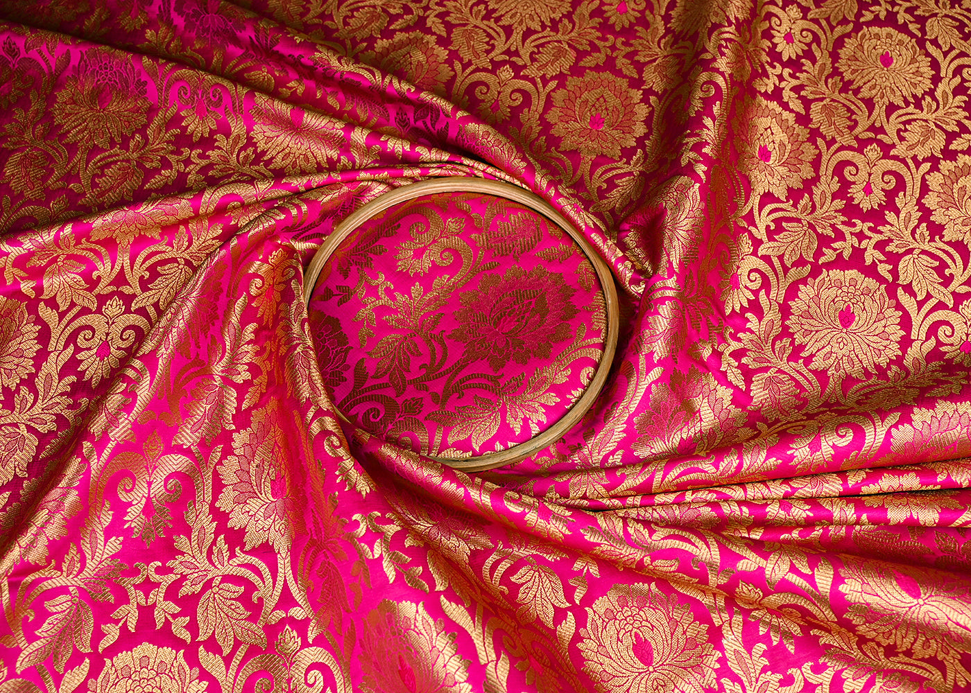 Rani Pink Banarasi Brocade Fabric With All Over Golden Zari Handloom 22824