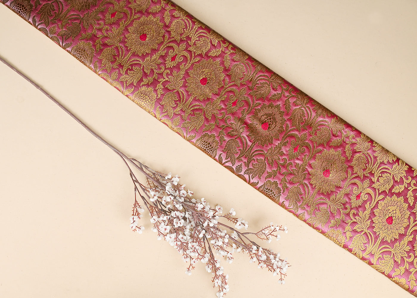 Light Pink Banarasi Brocade Fabric With All Over Golden Zari Handloom 22825
