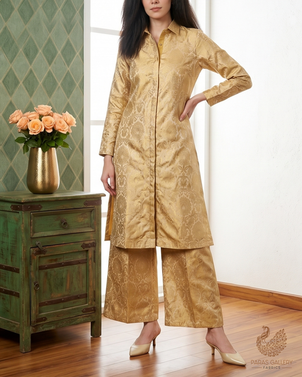Gold Banarasi Brocade Fabric With All Over Golden Zari Handloom 22826