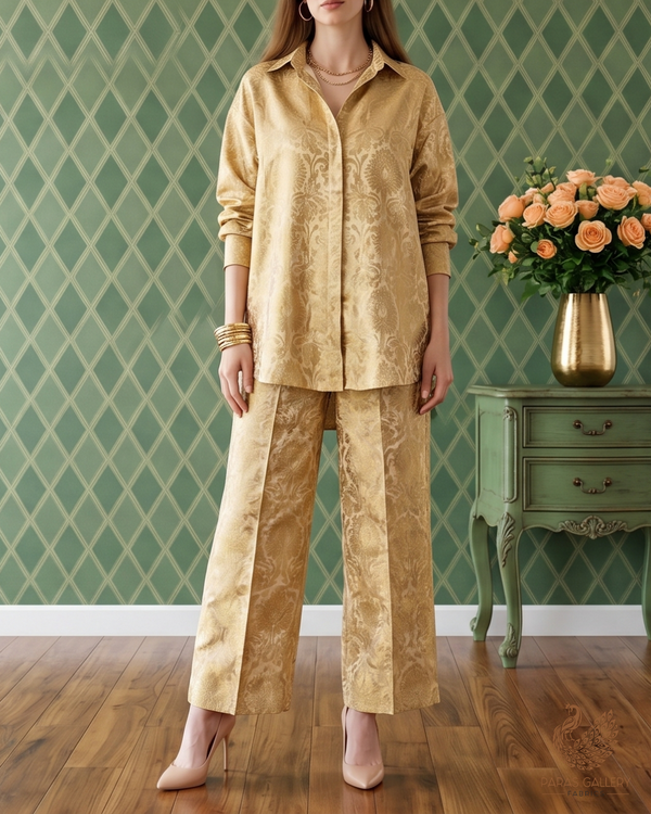 Gold Banarasi Brocade Fabric With All Over Golden Zari Handloom 22826