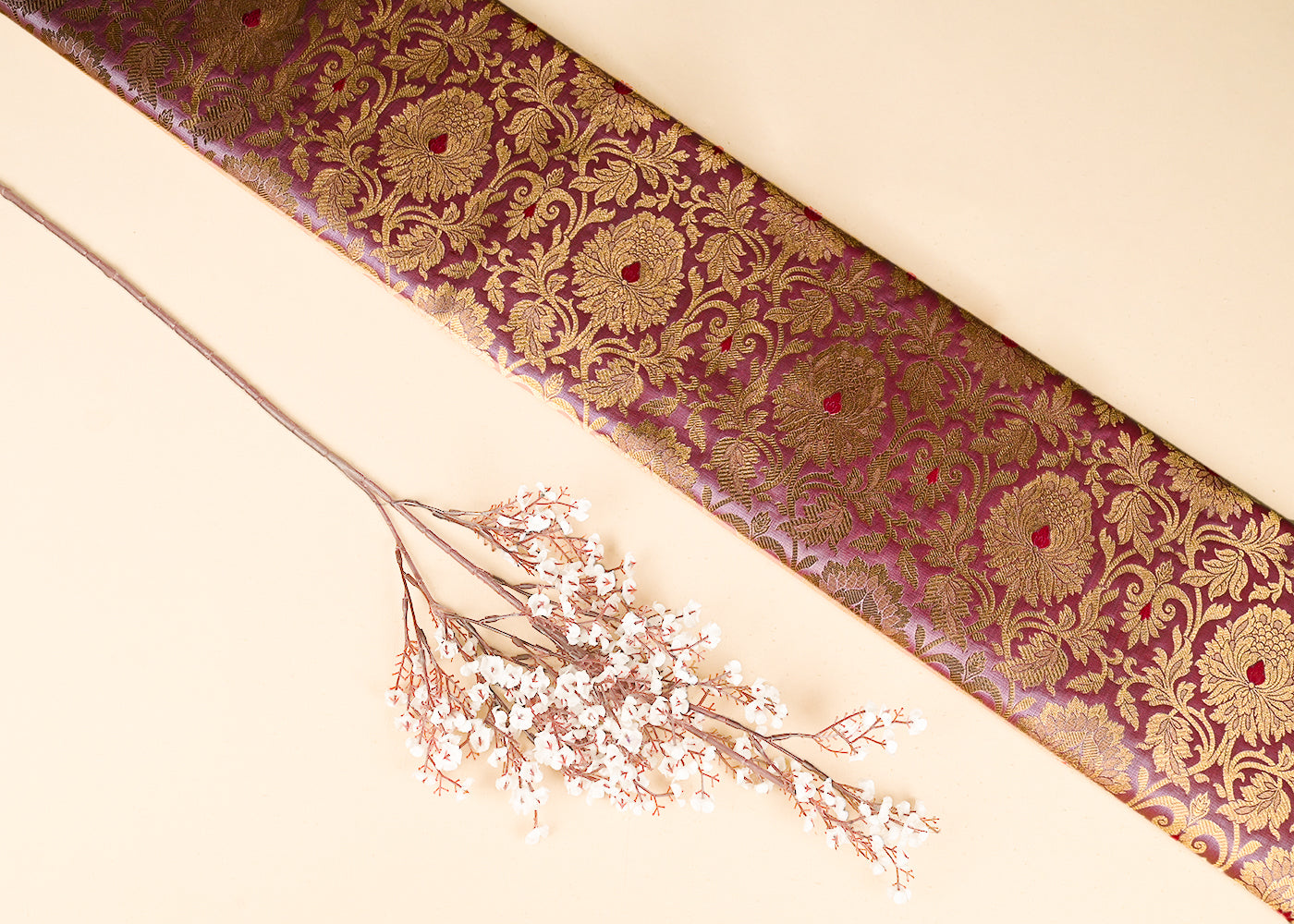 Blush Pink Banarasi Brocade Fabric With All Over Golden Zari Handloom 22827