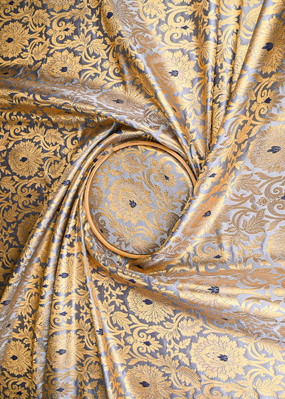 Greyish Blue Banarasi Brocade Fabric With All Over Golden Zari Handloom 22828