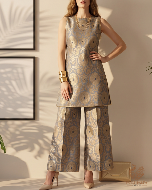 Greyish Blue Banarasi Brocade Fabric With All Over Golden Zari Handloom 22828