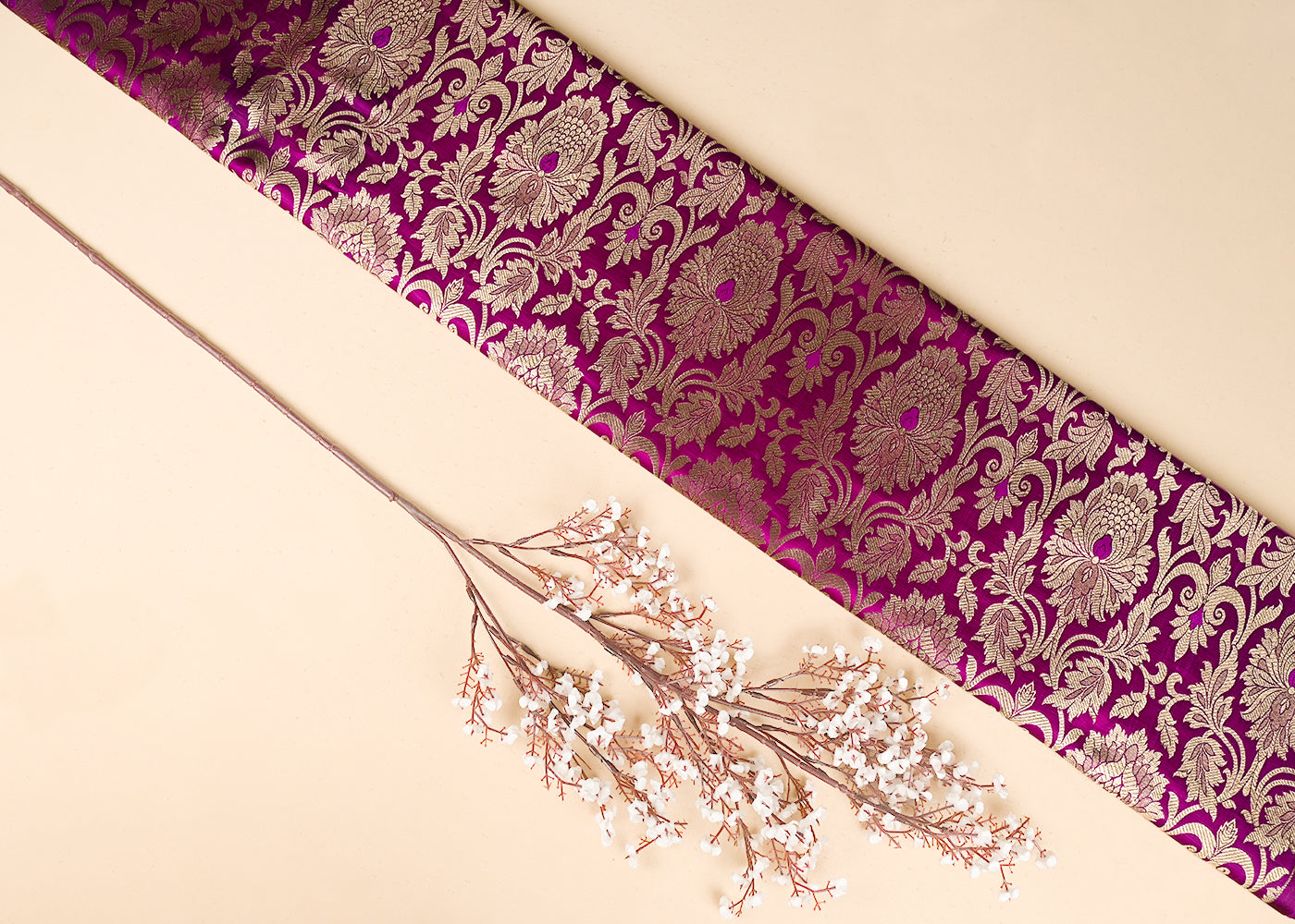 Purple Banarasi Brocade Fabric With All Over Golden Zari Handloom 22829