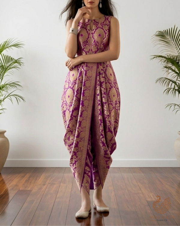 Purple Banarasi Brocade Fabric With All Over Golden Zari Handloom 22829