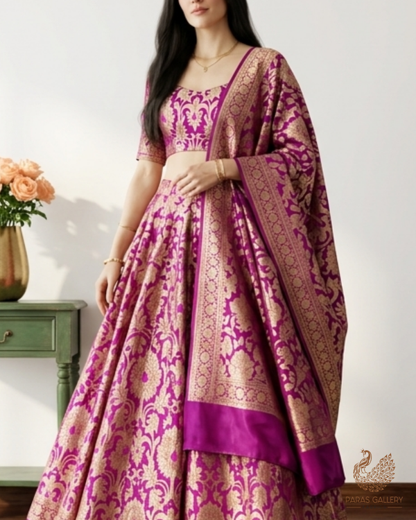 Purple Banarasi Brocade Fabric With All Over Golden Zari Handloom 22829