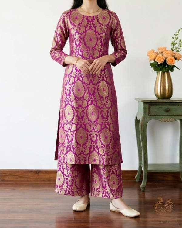 Purple Banarasi Brocade Fabric With All Over Golden Zari Handloom 22829
