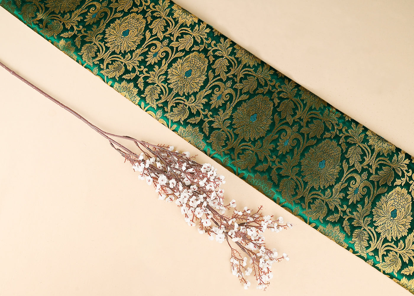Rama Green Banarasi Brocade Fabric With All Over Golden Zari Handloom 22830