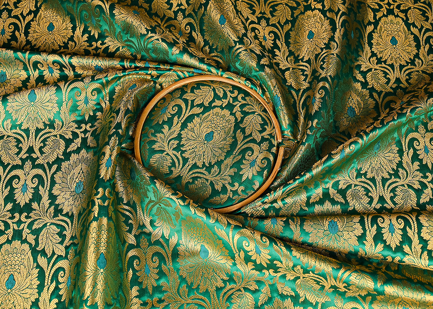 Rama Green Banarasi Brocade Fabric With All Over Golden Zari Handloom 22830