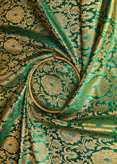 Rama Green Banarasi Brocade Fabric With All Over Golden Zari Handloom 22830