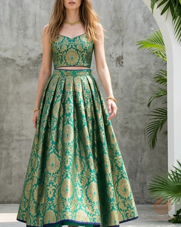 Rama Green Banarasi Brocade Fabric With All Over Golden Zari Handloom 22830