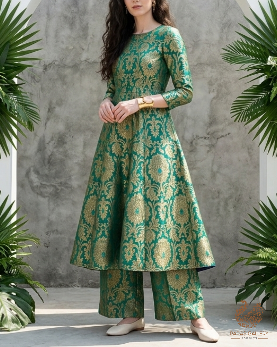Rama Green Banarasi Brocade Fabric With All Over Golden Zari Handloom 22830