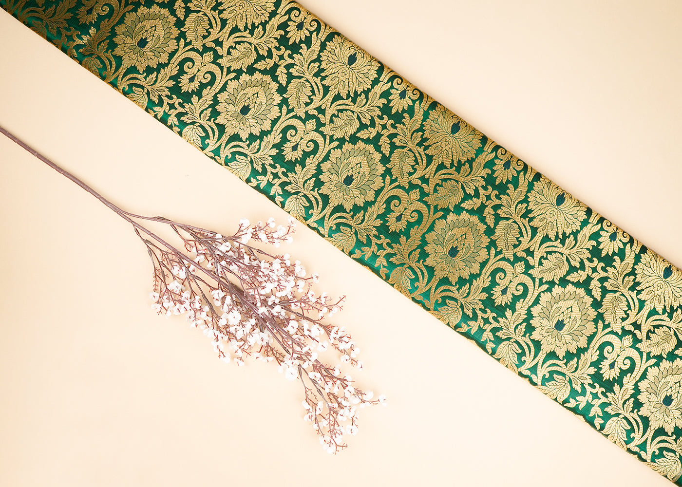 Bottle Green Banarasi Brocade Fabric With All Over Golden Zari Handloom 22831
