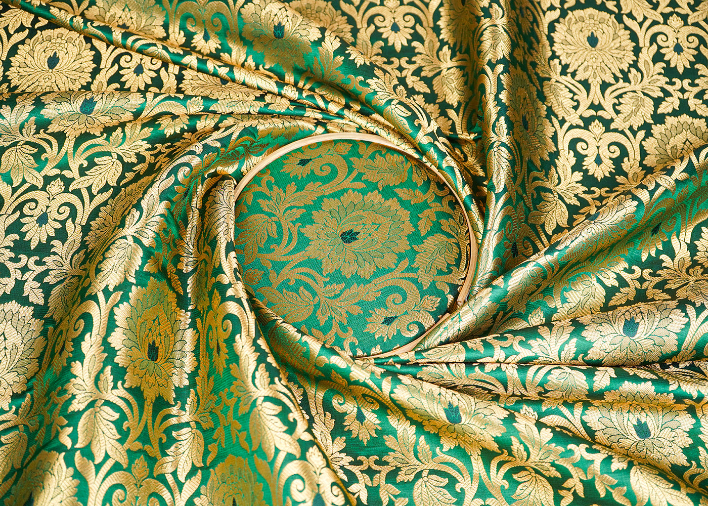 Bottle Green Banarasi Brocade Fabric With All Over Golden Zari Handloom 22831