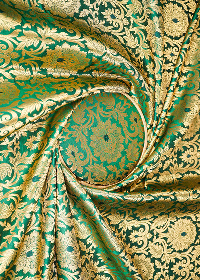 Bottle Green Banarasi Brocade Fabric With All Over Golden Zari Handloom 22831