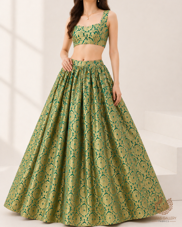 Bottle Green Banarasi Brocade Fabric With All Over Golden Zari Handloom 22831