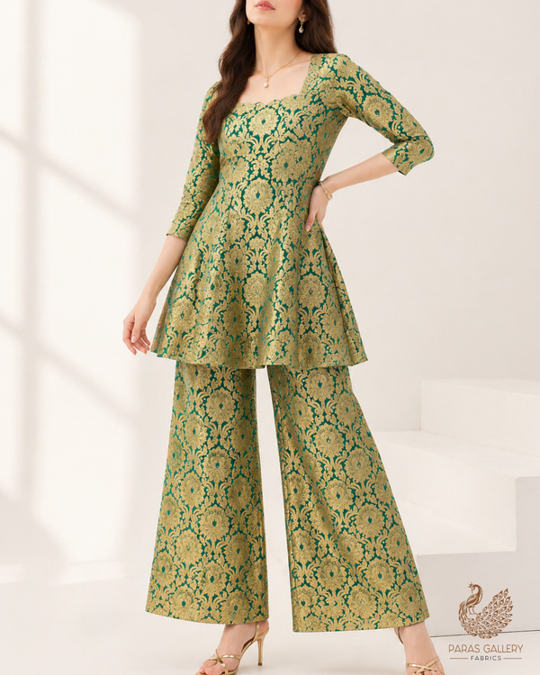 Bottle Green Banarasi Brocade Fabric With All Over Golden Zari Handloom 22831