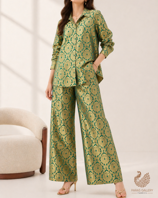 Bottle Green Banarasi Brocade Fabric With All Over Golden Zari Handloom 22831