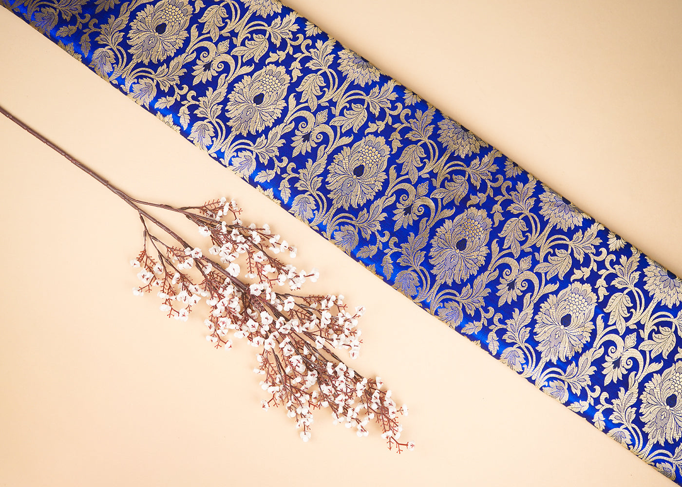Royal Blue Banarasi Brocade Fabric With All Over Golden Zari Handloom 22832