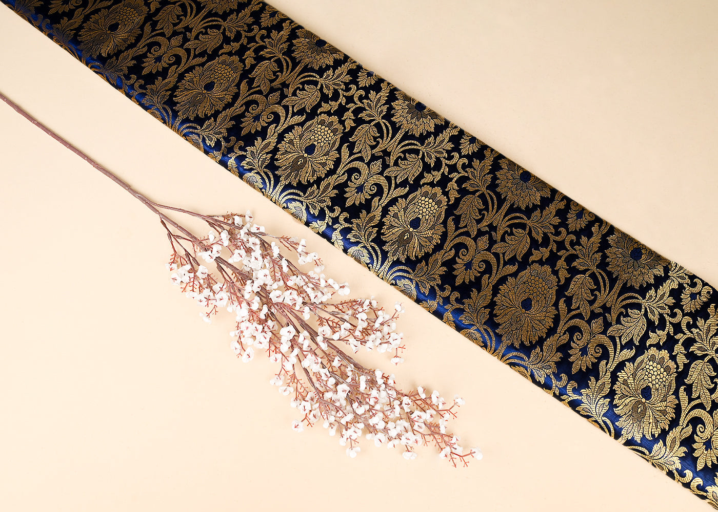 Navy Blue Banarasi Brocade Fabric With All Over Golden Zari Handloom 22833