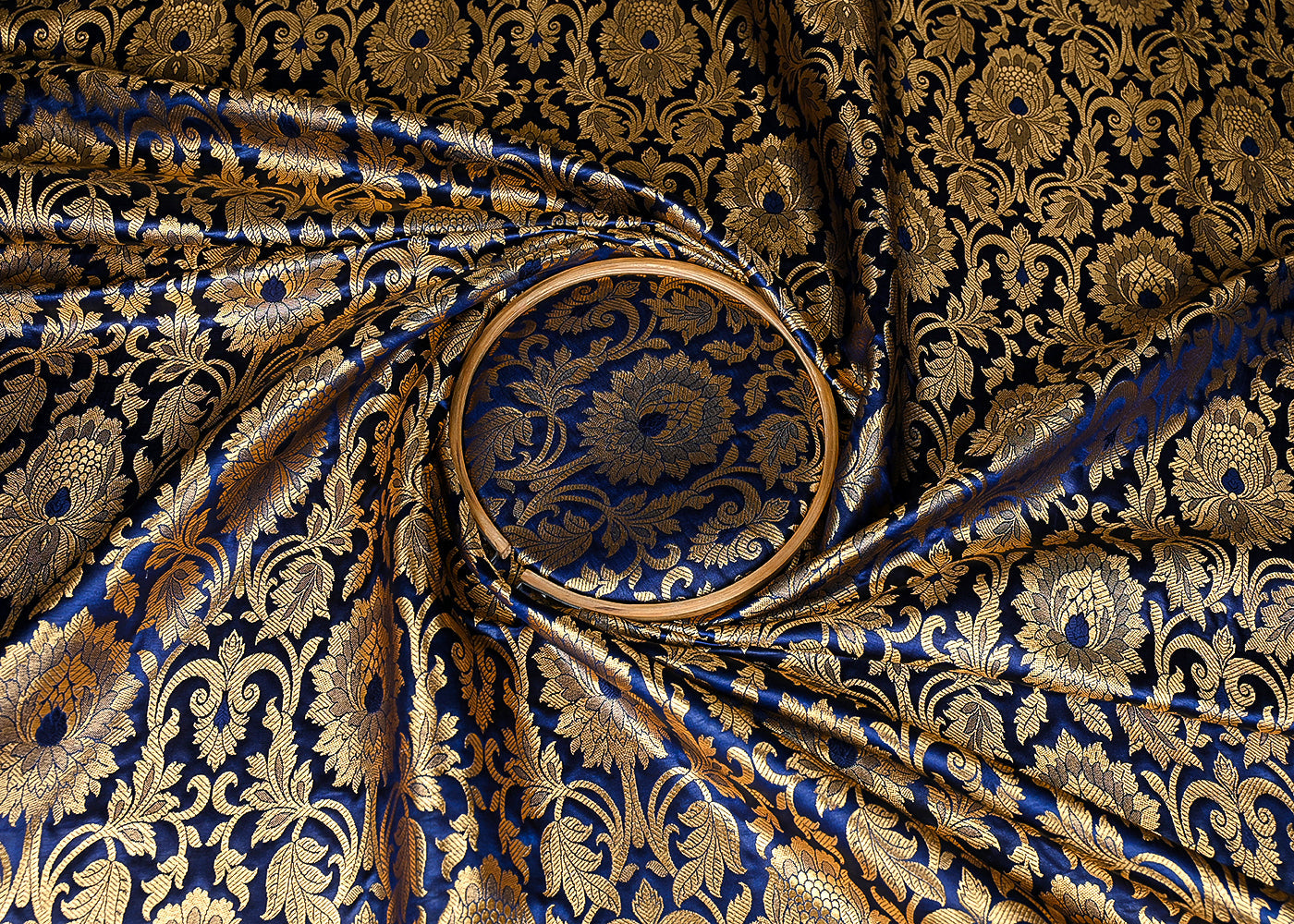 Navy Blue Banarasi Brocade Fabric With All Over Golden Zari Handloom 22833