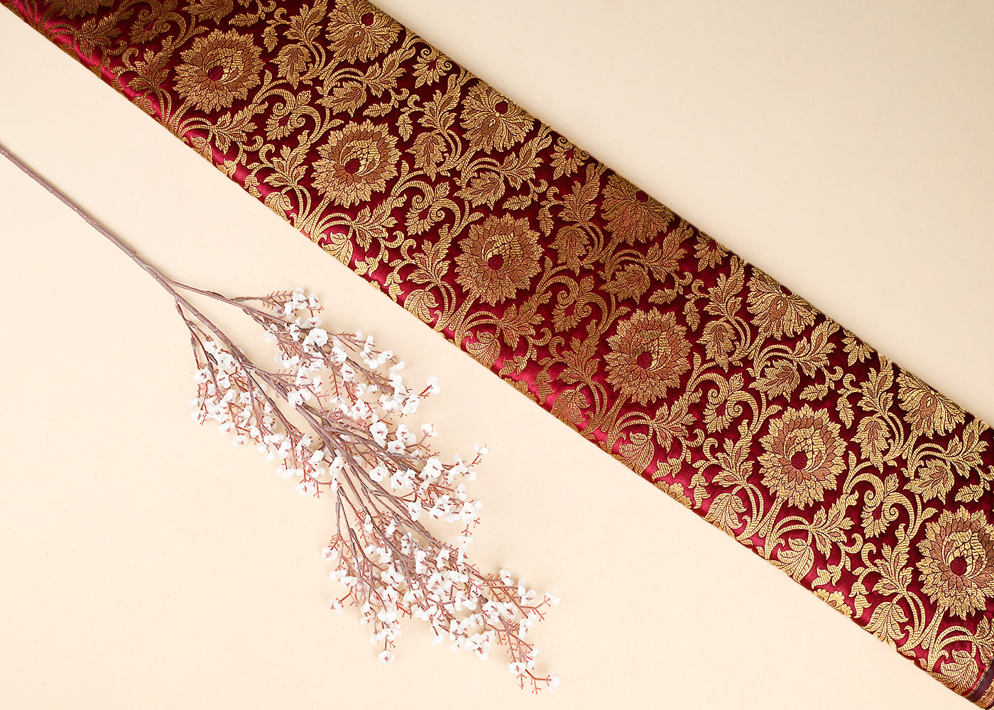 Maroon  Banarasi Brocade Fabric With All Over Golden Zari Handloom 22834
