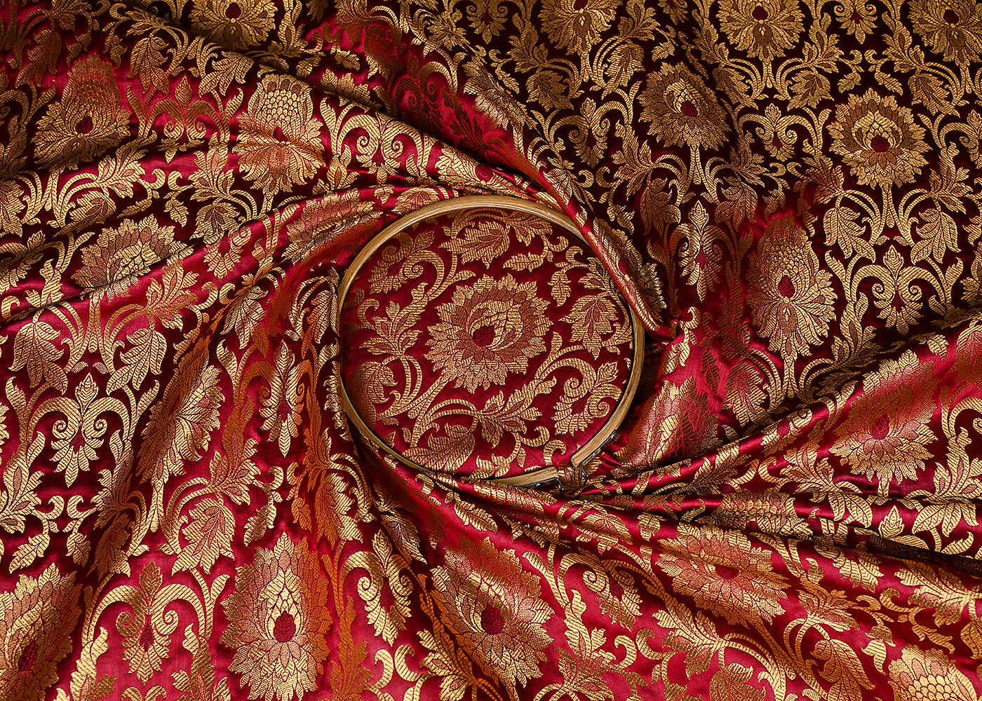 Maroon  Banarasi Brocade Fabric With All Over Golden Zari Handloom 22834