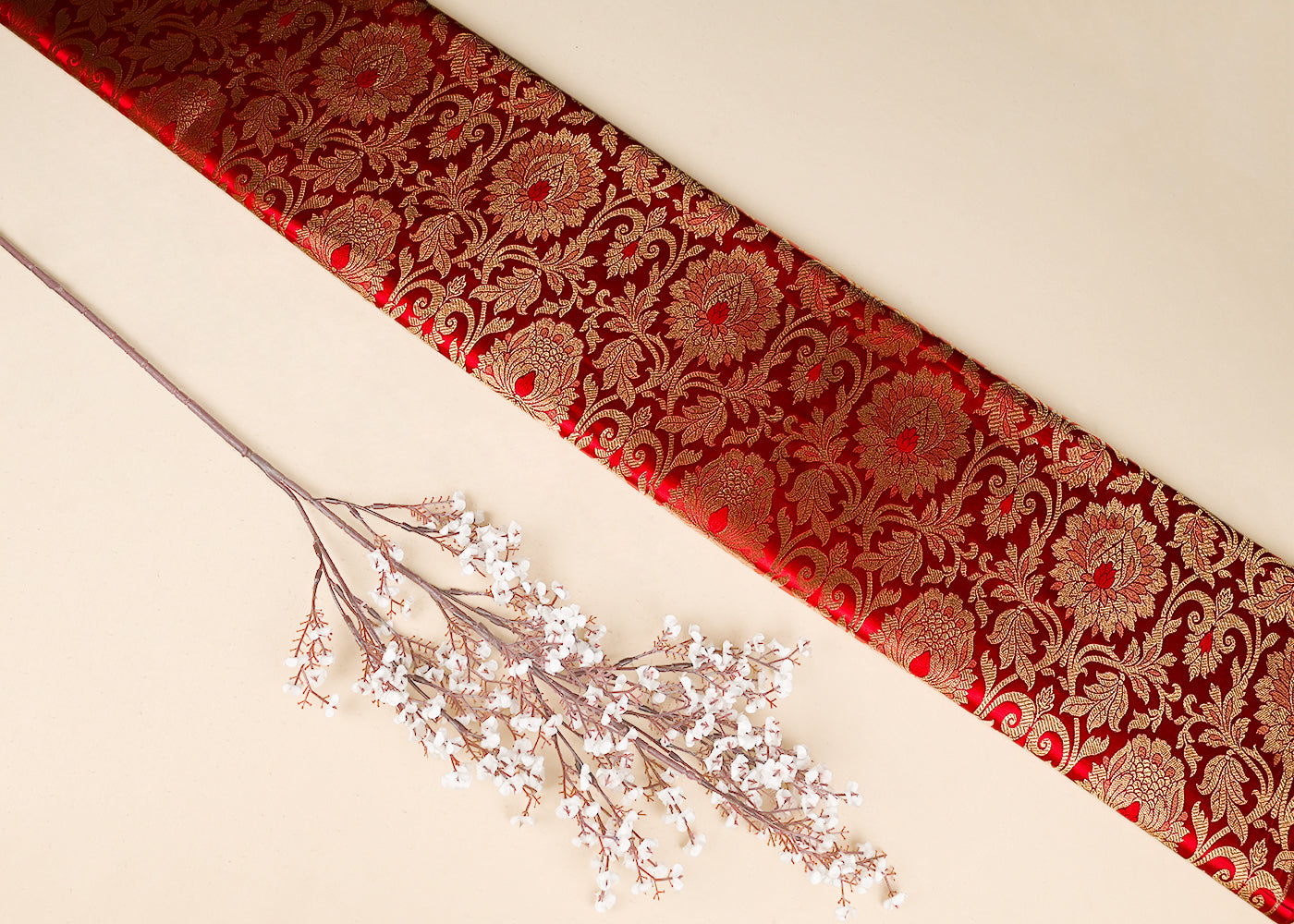 Red Banarasi Brocade Fabric With All Over Golden Zari Handloom 22835