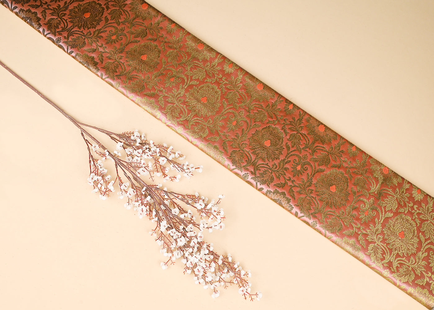 Peach Banarasi Brocade Fabric With All Over Golden Zari Handloom 22836