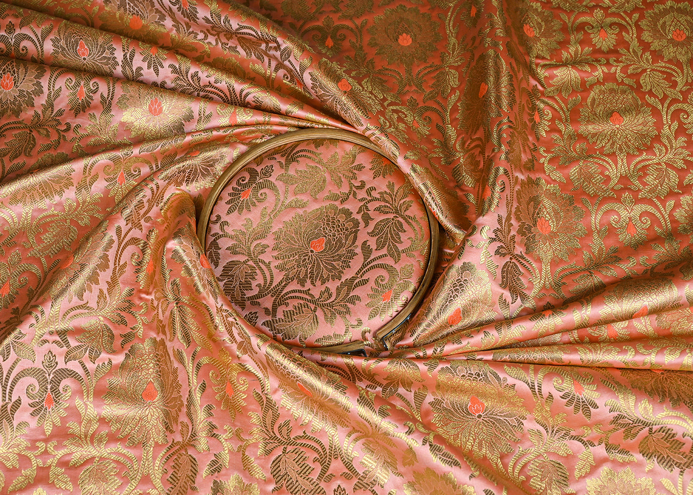 Peach Banarasi Brocade Fabric With All Over Golden Zari Handloom 22836