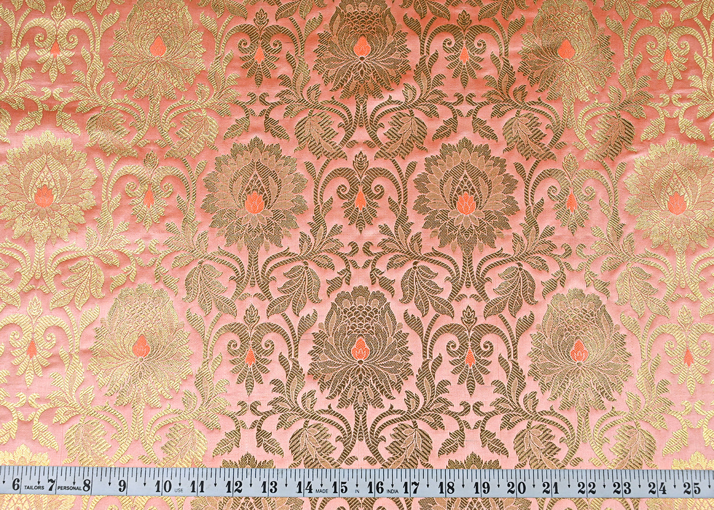 Peach Banarasi Brocade Fabric With All Over Golden Zari Handloom 22836