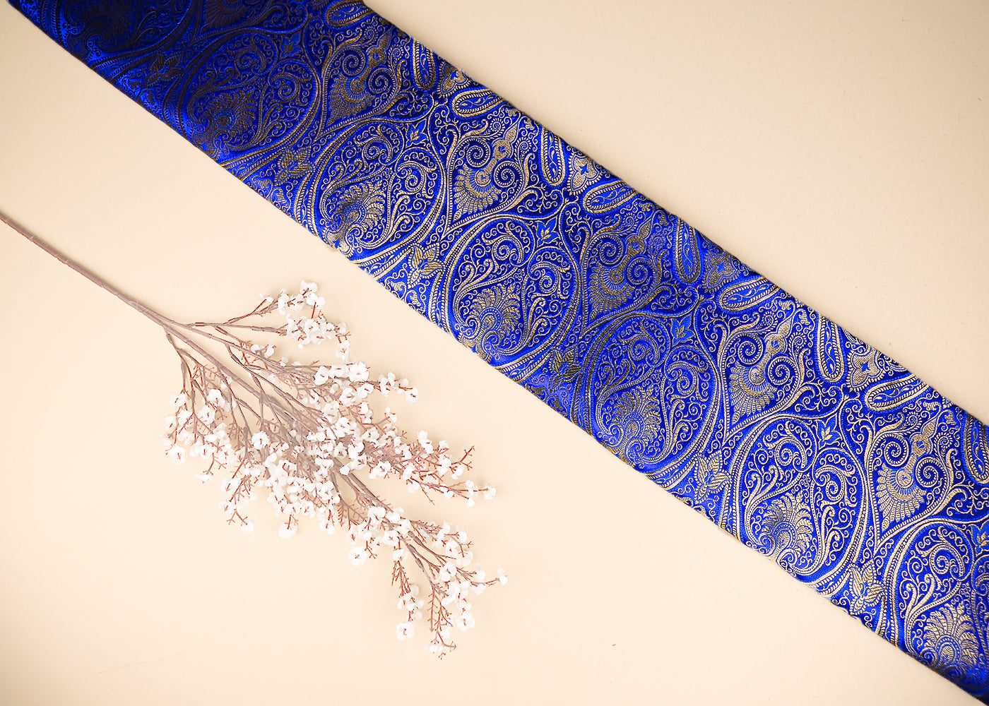 Royal Blue Banarasi Brocade Fabric With All Over Zari Handloom 22837