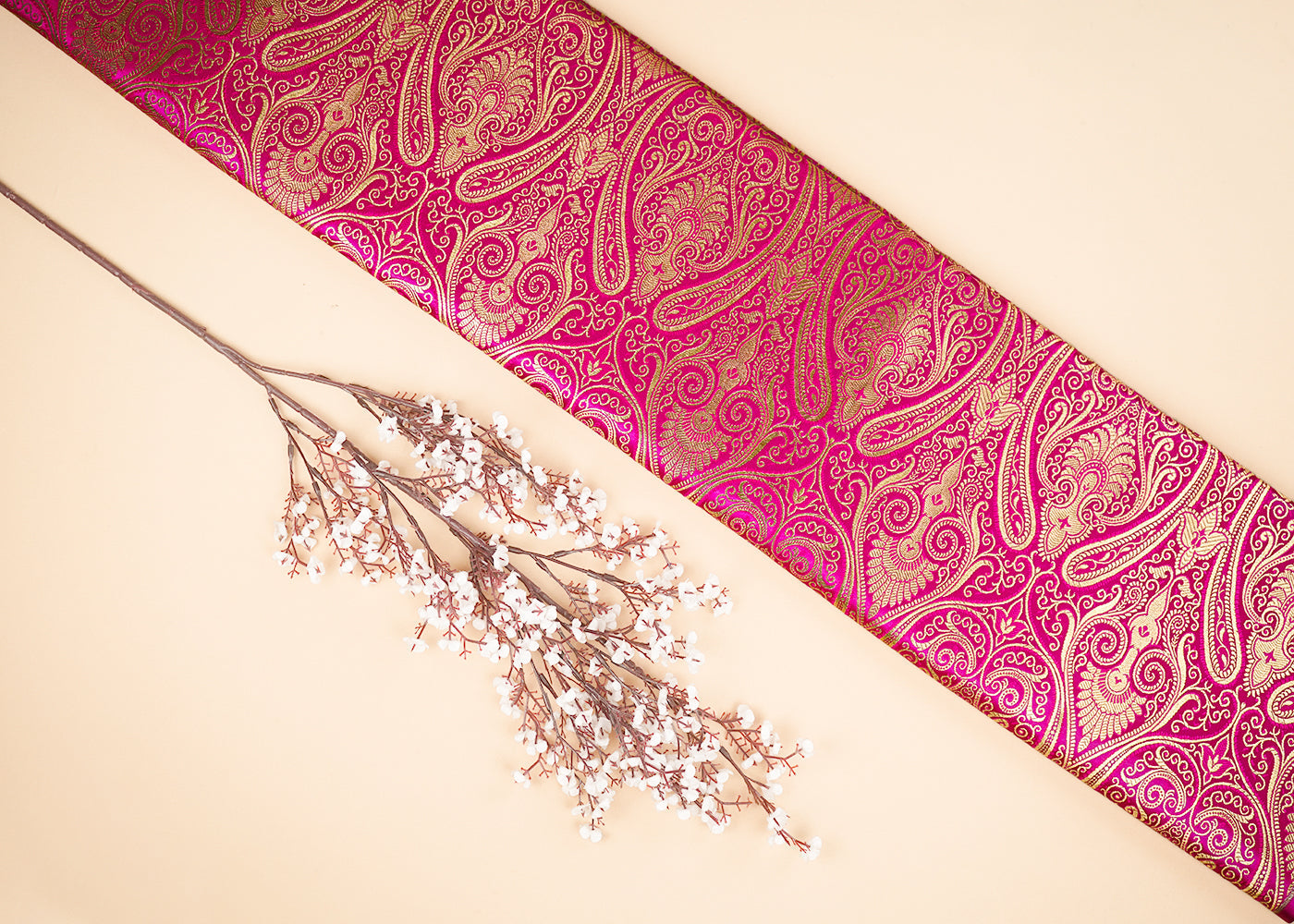 Rani Pink Banarasi Brocade Fabric With All Over Zari Handloom 22841