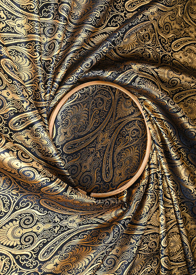 Black Banarasi Brocade Fabric With All Over Zari Handloom 22843