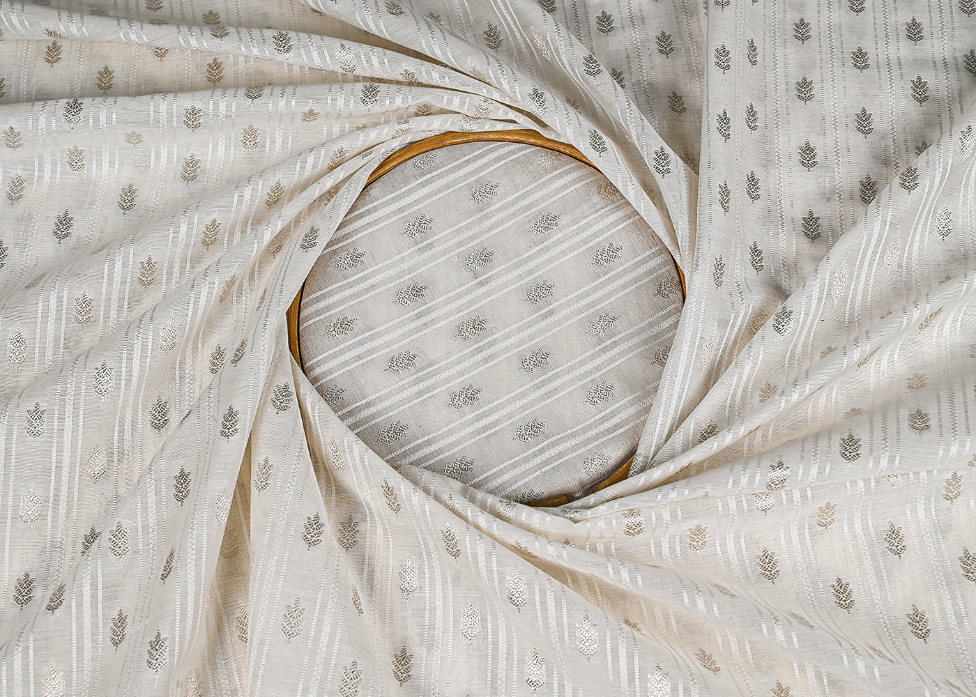 White Dyeable Chanderi Fabric With All Over Dull Gold Zari Handloom 22845