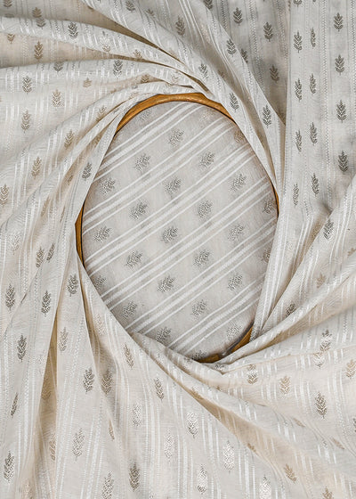 White Dyeable Chanderi Fabric With All Over Dull Gold Zari Handloom 22845
