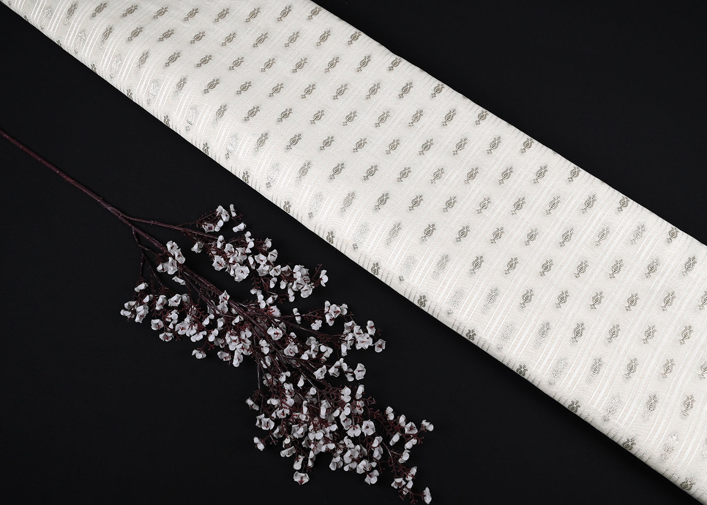 White Dyeable Chanderi Fabric With All Over Dull Gold Zari Handloom 22846